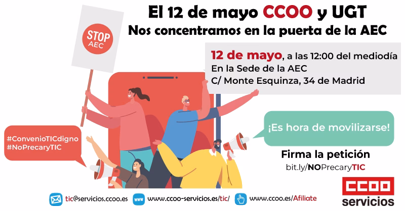 El 12 de mayo CCOO y UGT nos concentramos en la puerta de la AEC en Madrid