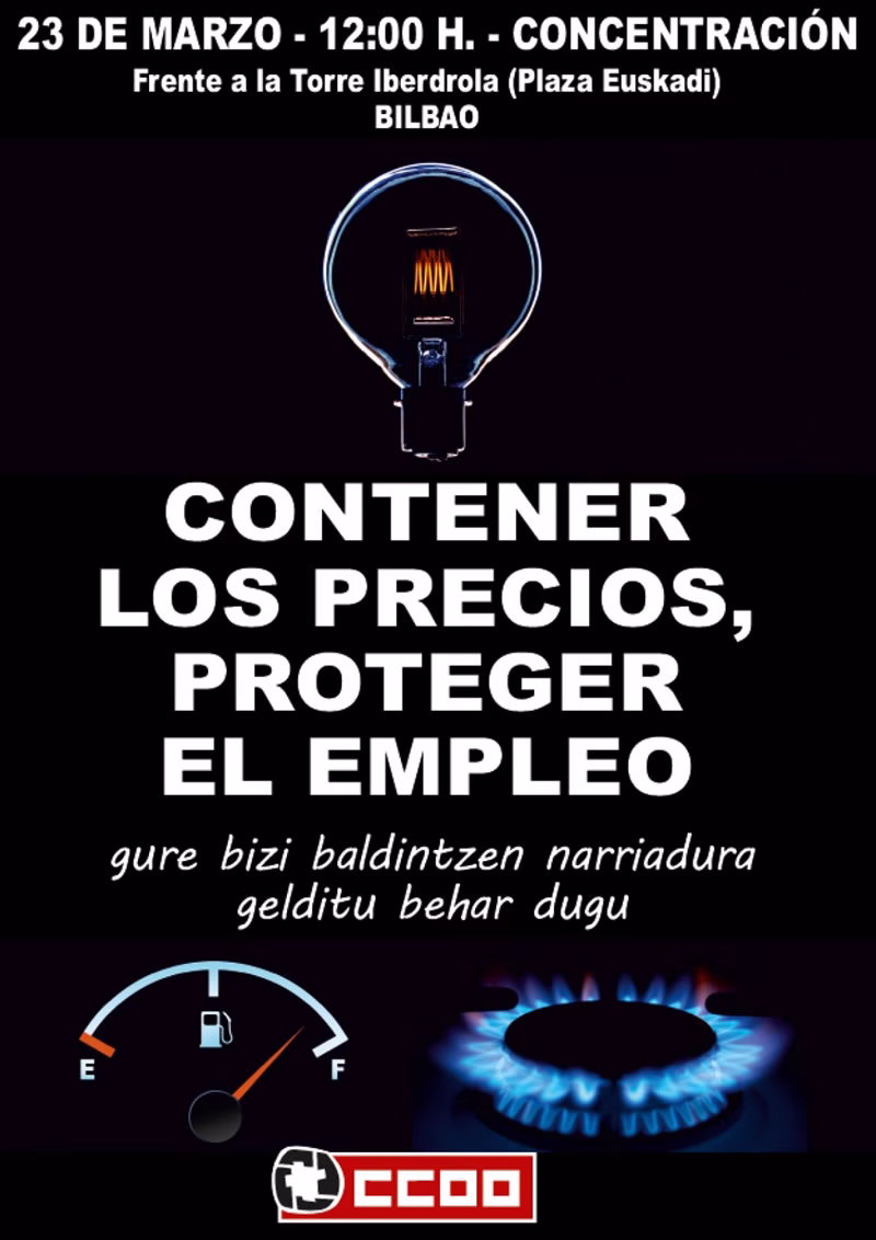CCOO saldrá a las calles el 23 de marzo junto a otras organizaciones para exigir la contención de los precios de la energía